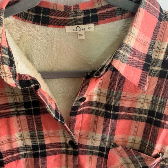 l. Luna 3X Coral Black Plaid faux shearling lined Plaid shirt NEW - Picture 3 of 4